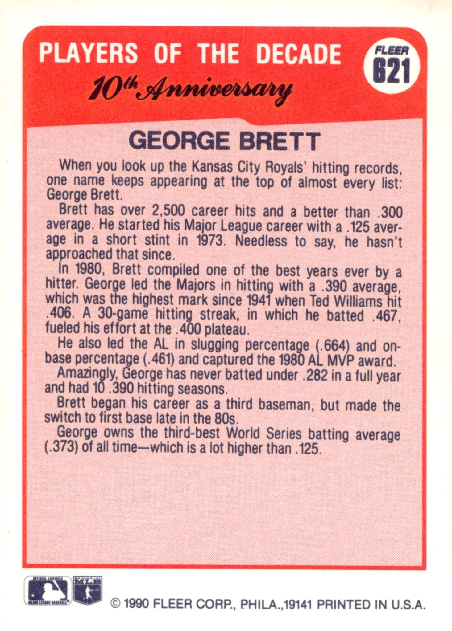 George Brett 1990 Fleer 10th Anniversary Players of the Decade #621