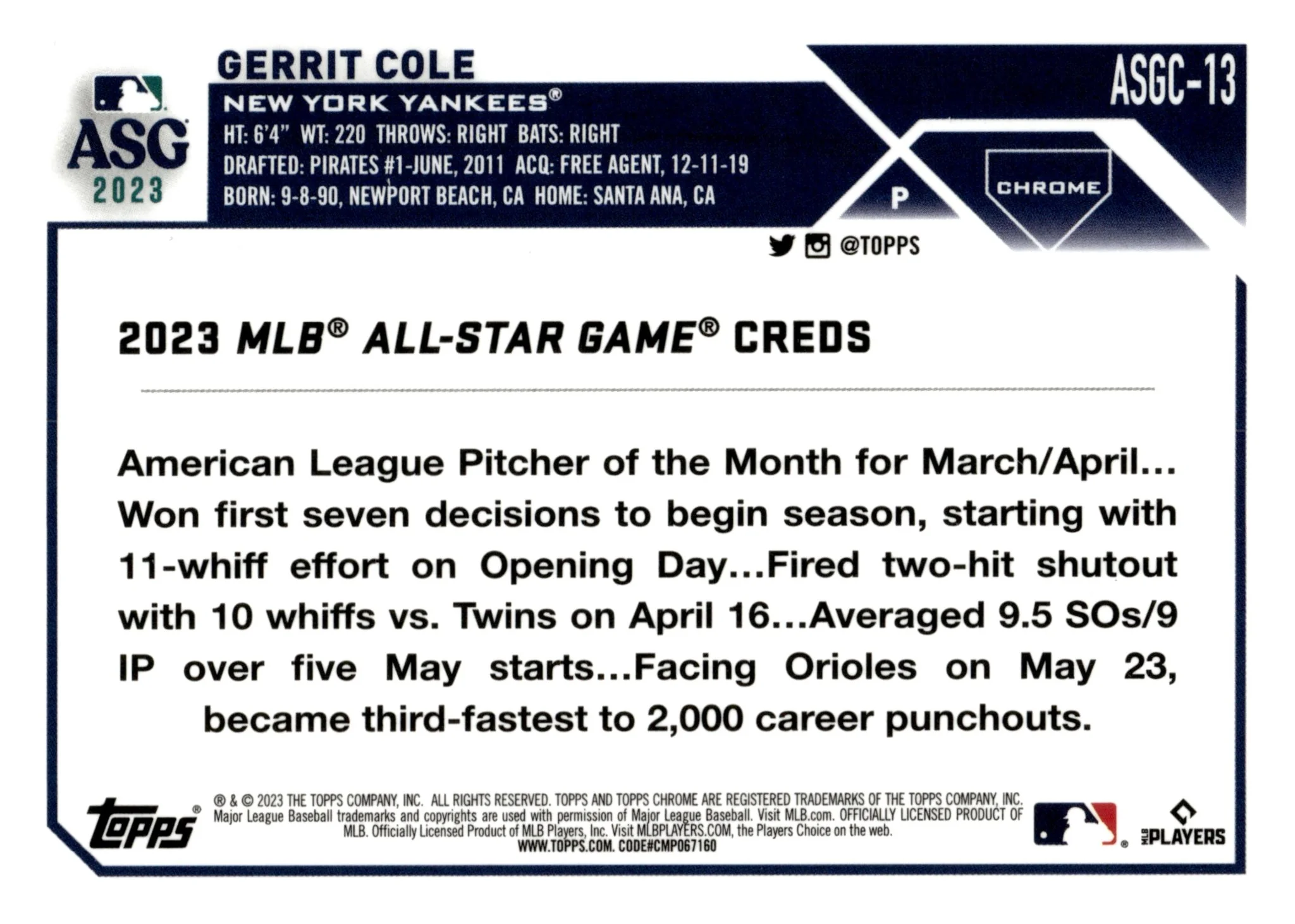 Gerrit Cole 2023 Topps Chrome All Star Game Refractor #ASGC-13