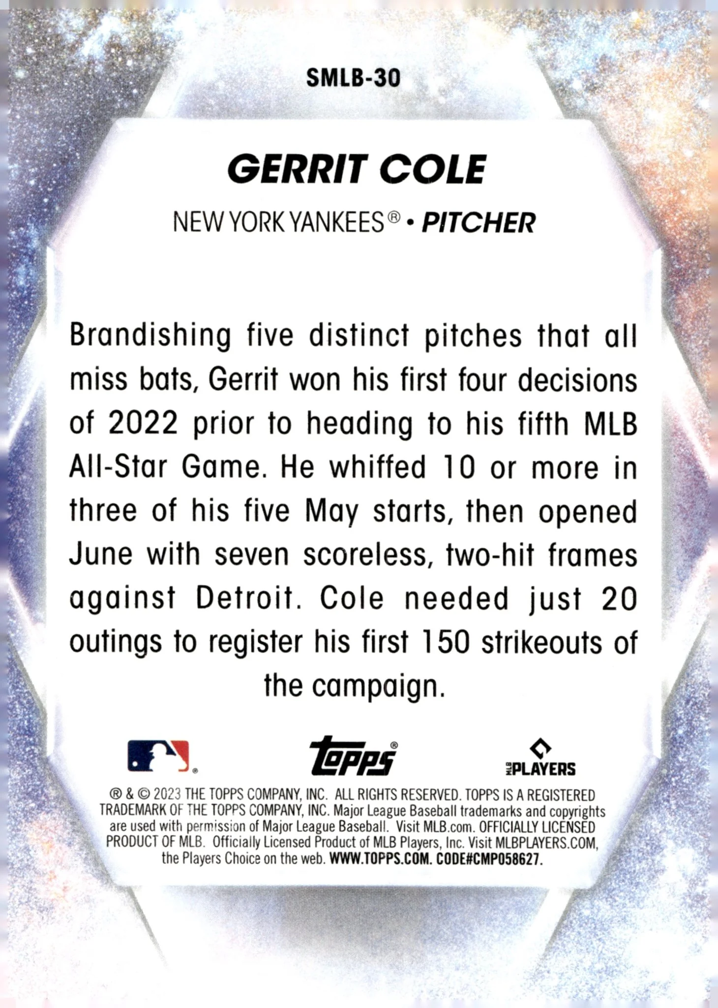 Gerrit Cole 2023 Topps Series 1 Stars of MLB #SMLB-30