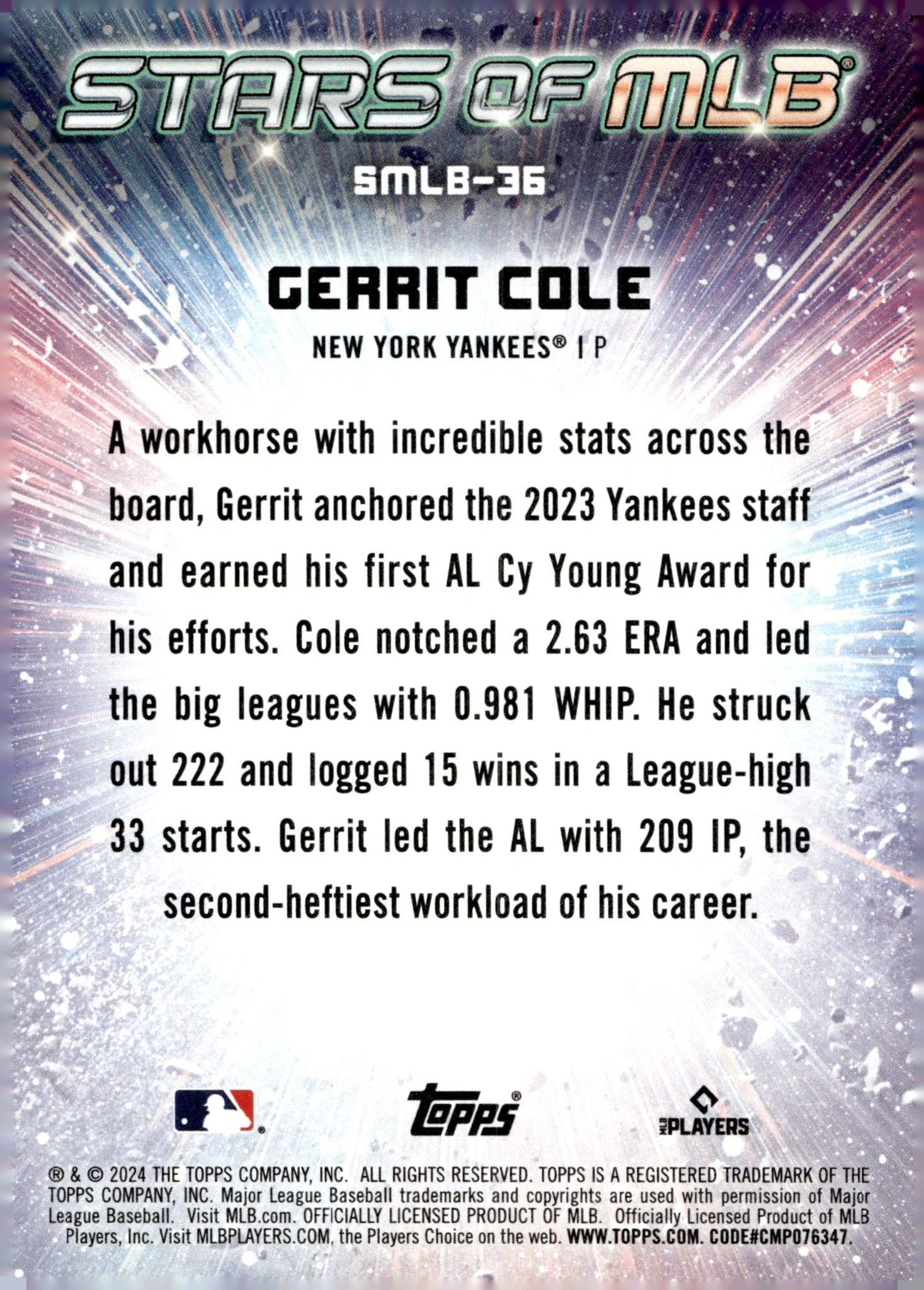 Gerrit Cole 2024 Topps Series 1 Stars of MLB #SMLB-36