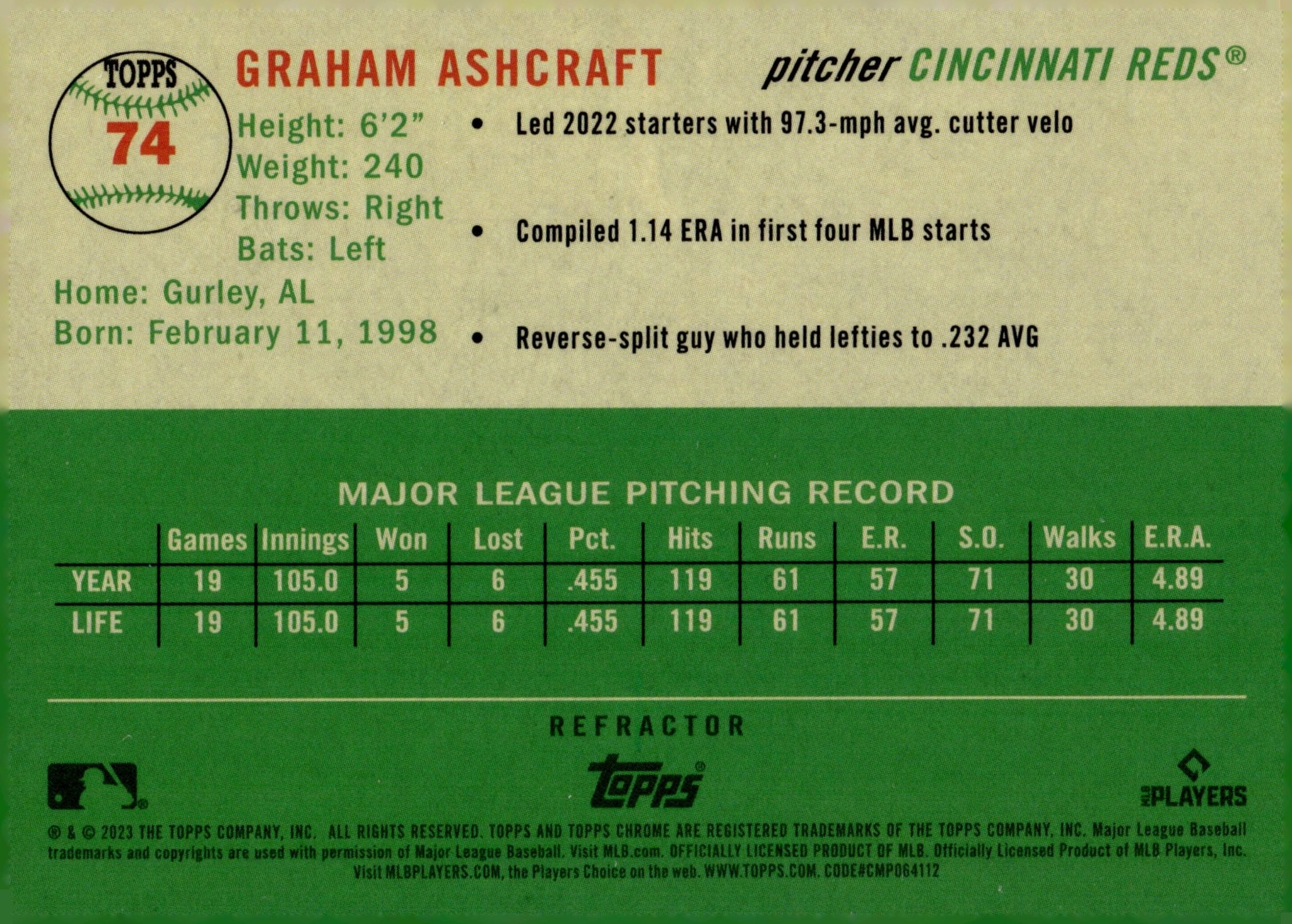 Graham Ashcroft 2023 Topps Chrome Platinum Refractor RC #74
