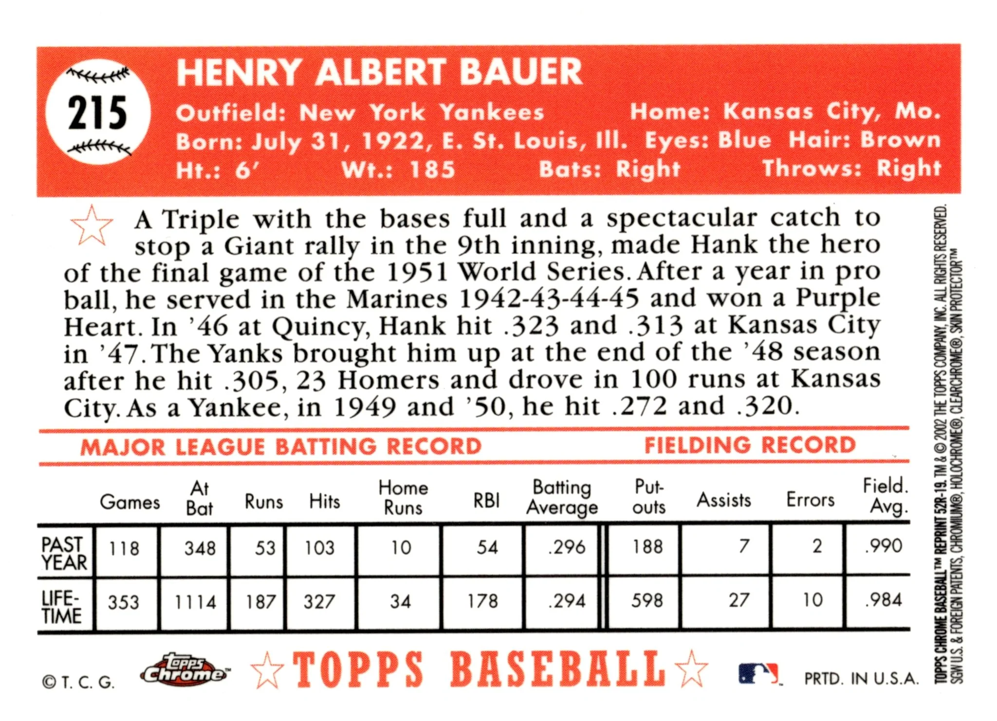 Hank Bauer 2002 Topps Chrome Reprint #215
