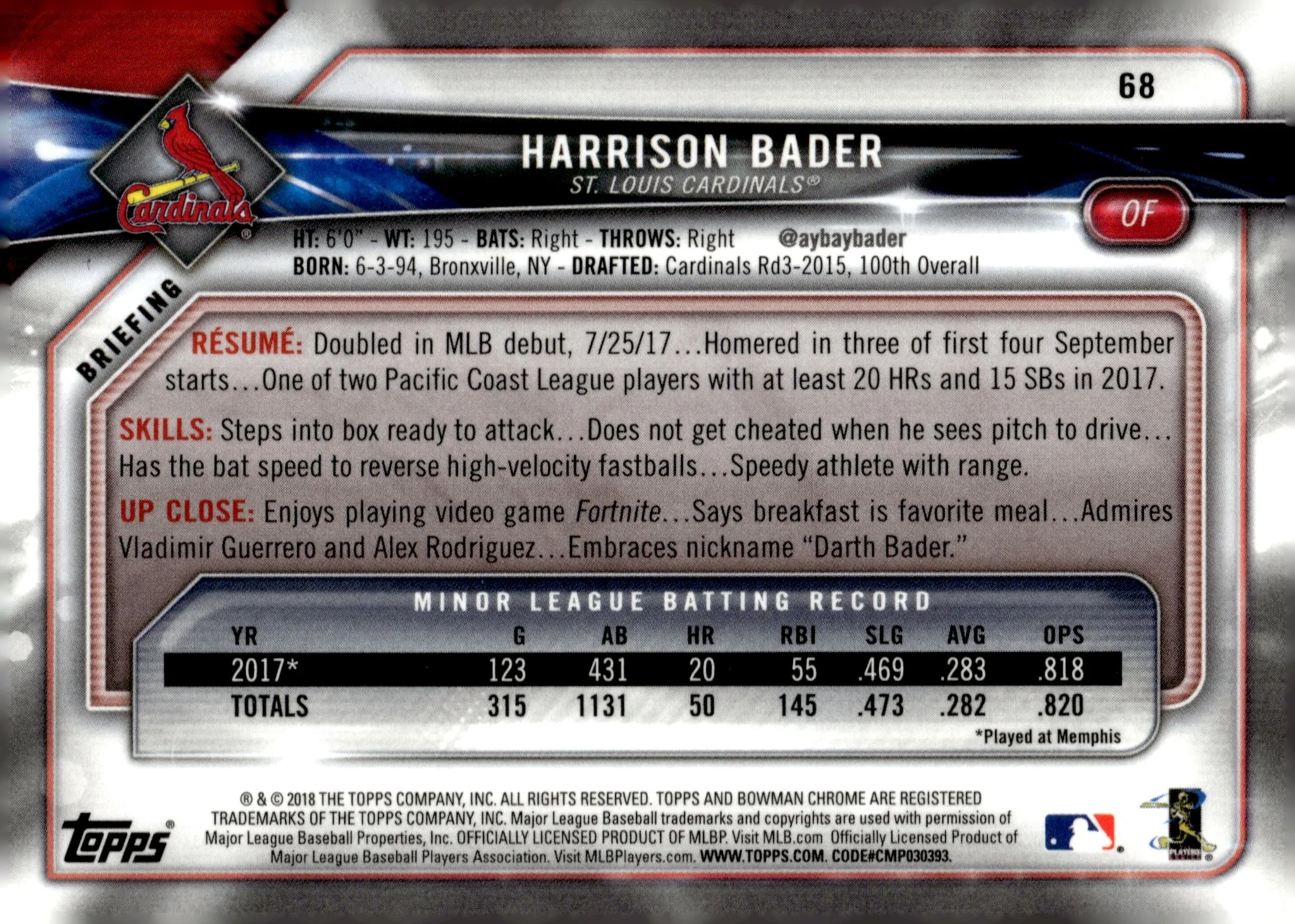 Harrison Bader 2018 Bowman Chrome SSP RC #68