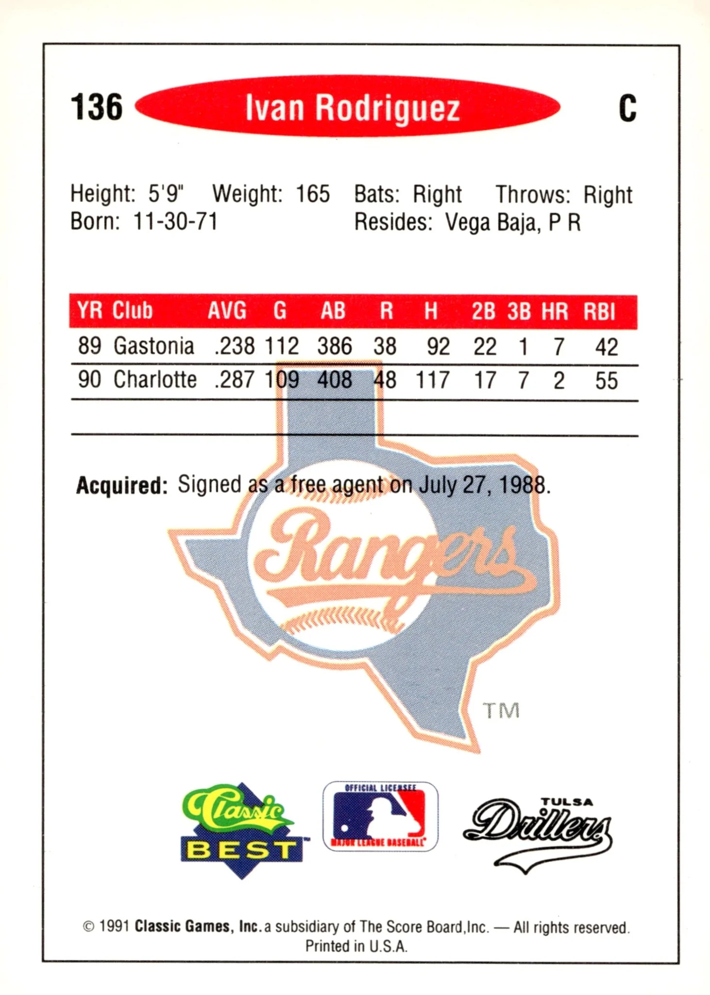 Ivan Rodriguez 1991 Classic Best RC #136