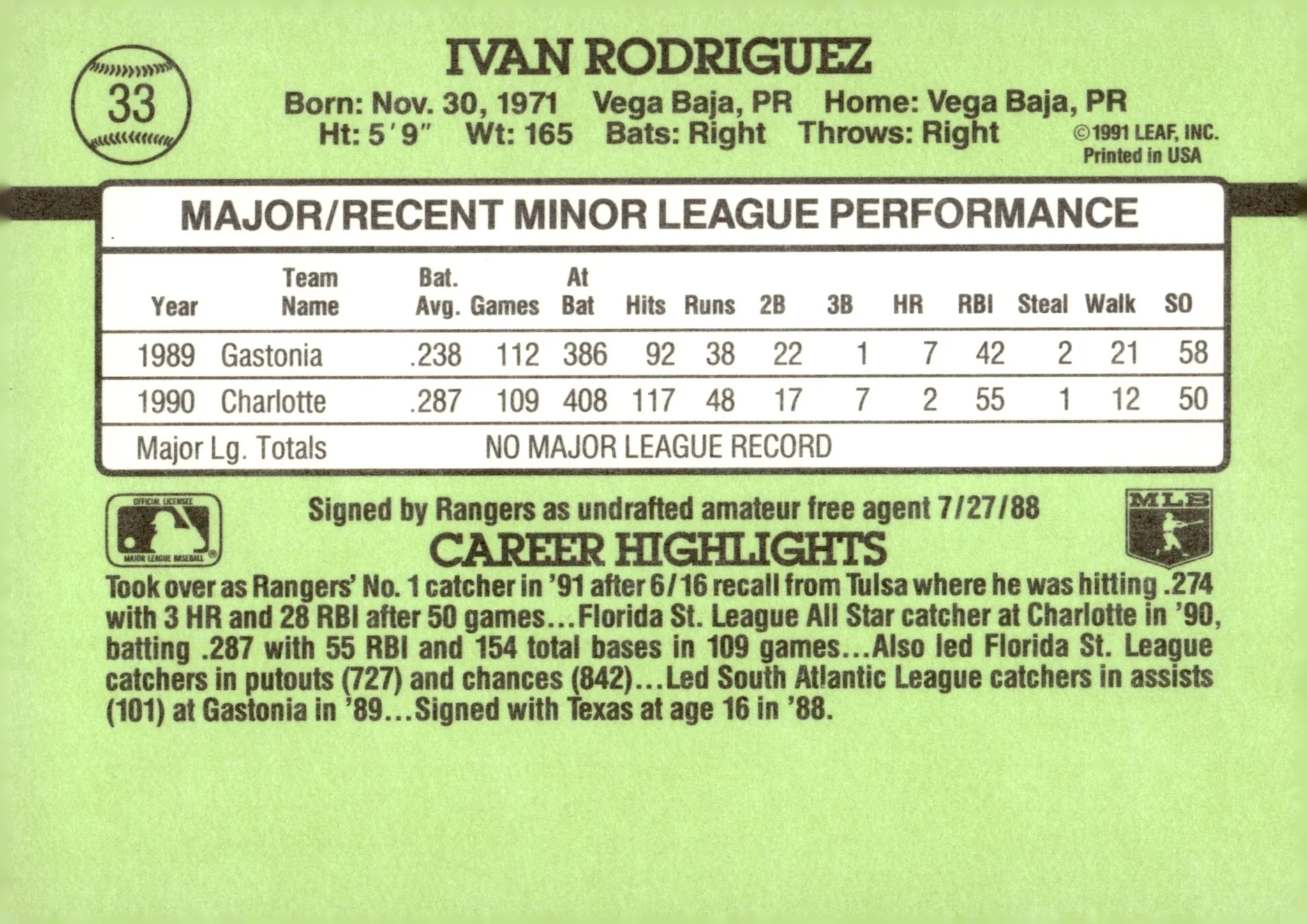 Ivan Rodriguez 1991 Donruss The Rookies RC #33