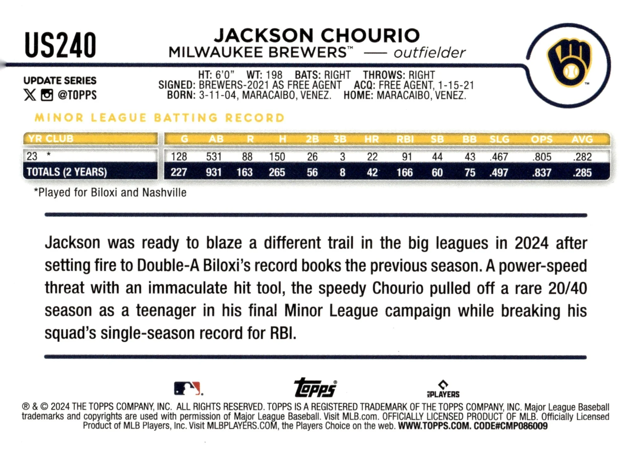 Jackson Chourio 2024 Topps Update Series RC #US240 #3