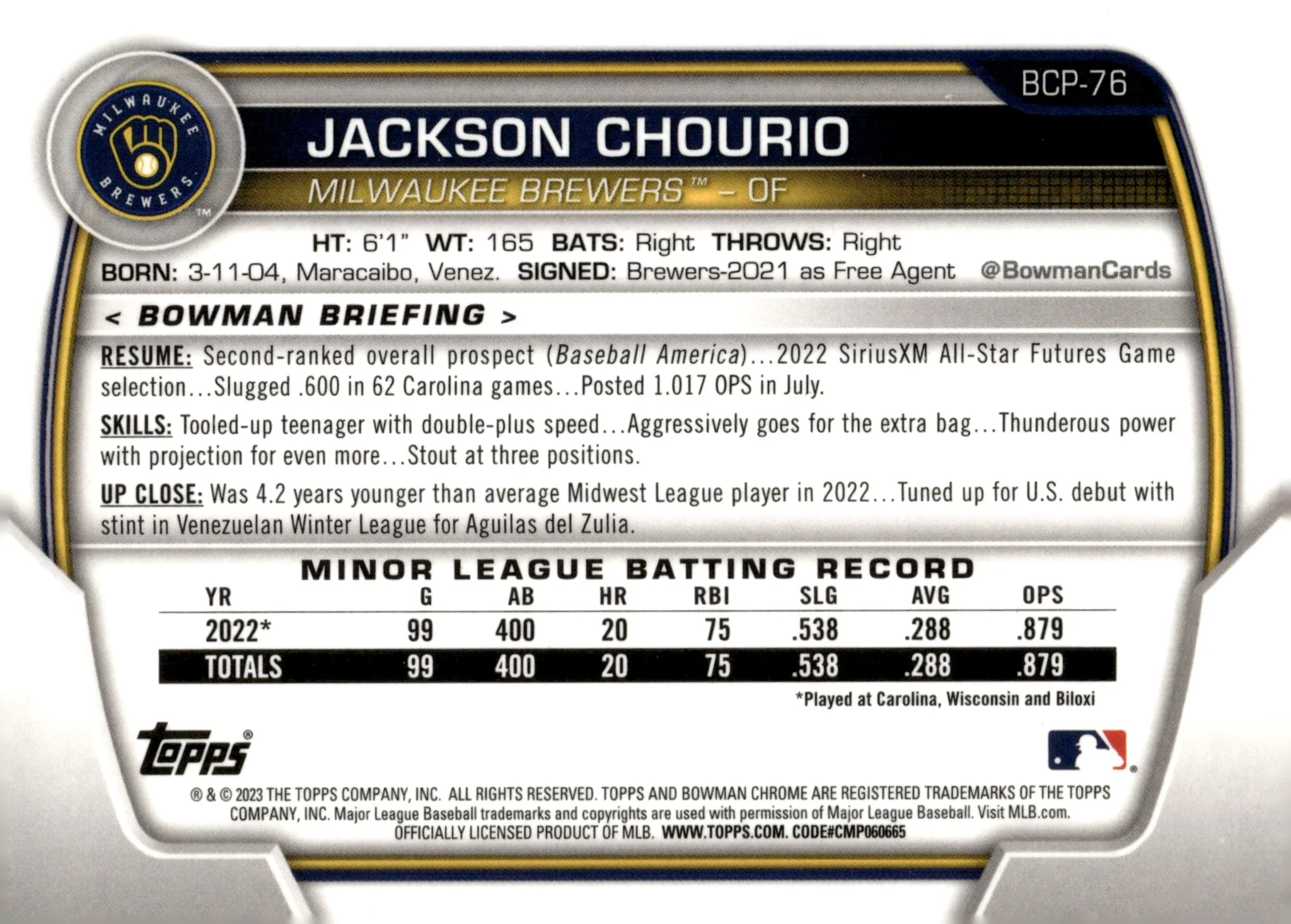 Jackson Chourio 2023 Bowman Chrome #BCP-76