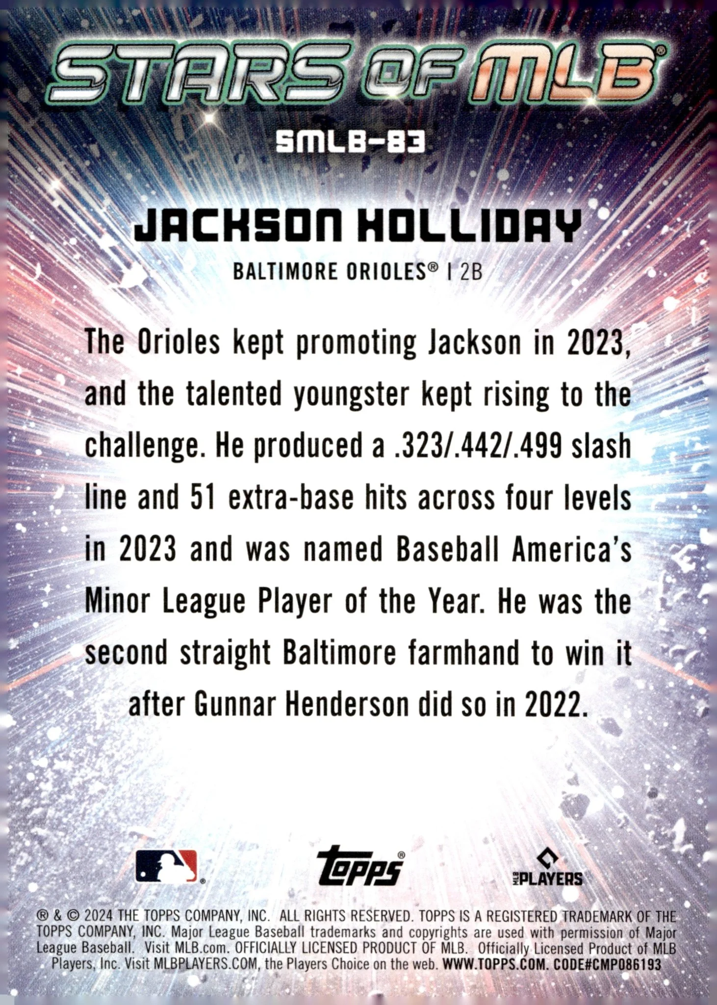 Jackson Holliday 2024 Topps Update Series Stars of MLB Foil RC #SMLB-83 #7
