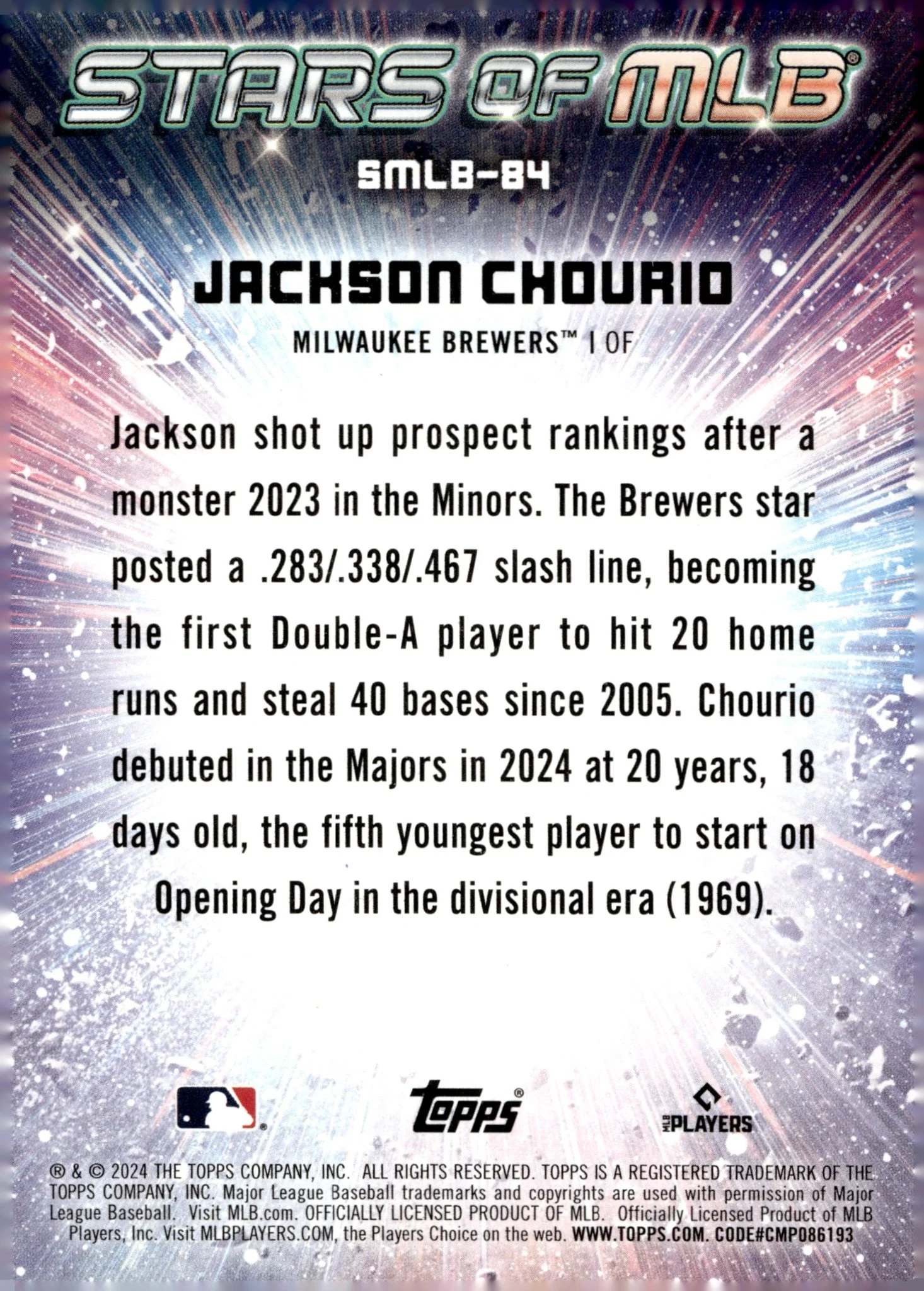 Jackson Chourio 2024 Topps Update Series Stars of MLB RC #SMLB-84 #2