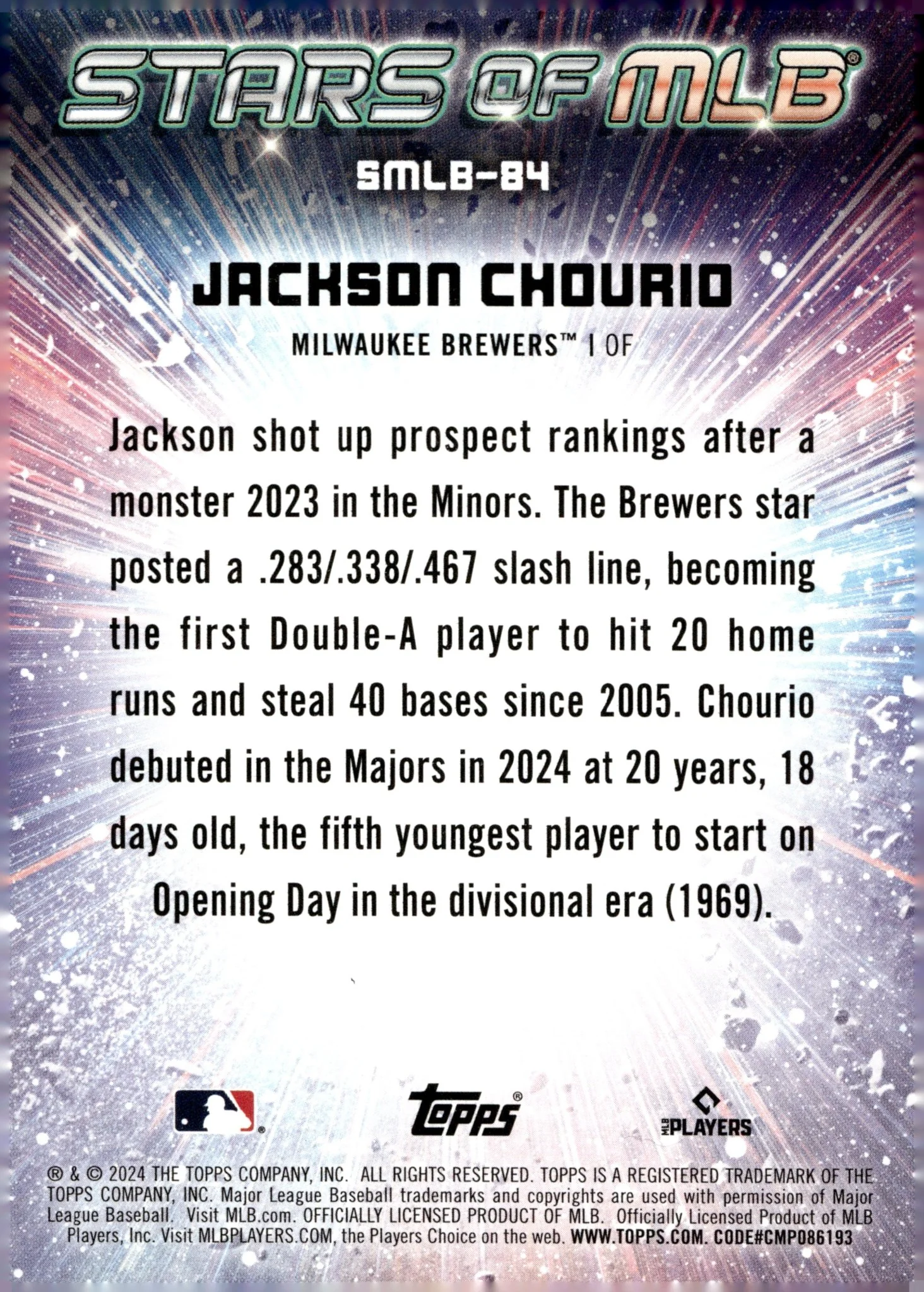 Jackson Chourio 2024 Topps Update Series Stars of MLB RC #SMLB-84 #3