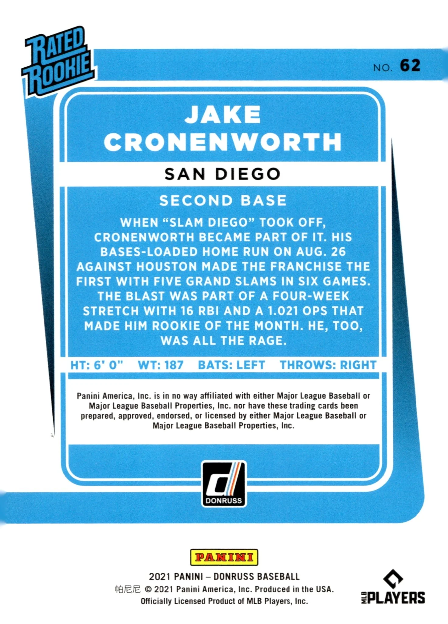 Jake Cronenworth 2021 Panini Donruss Rated Rookie Blue Holo RC #62