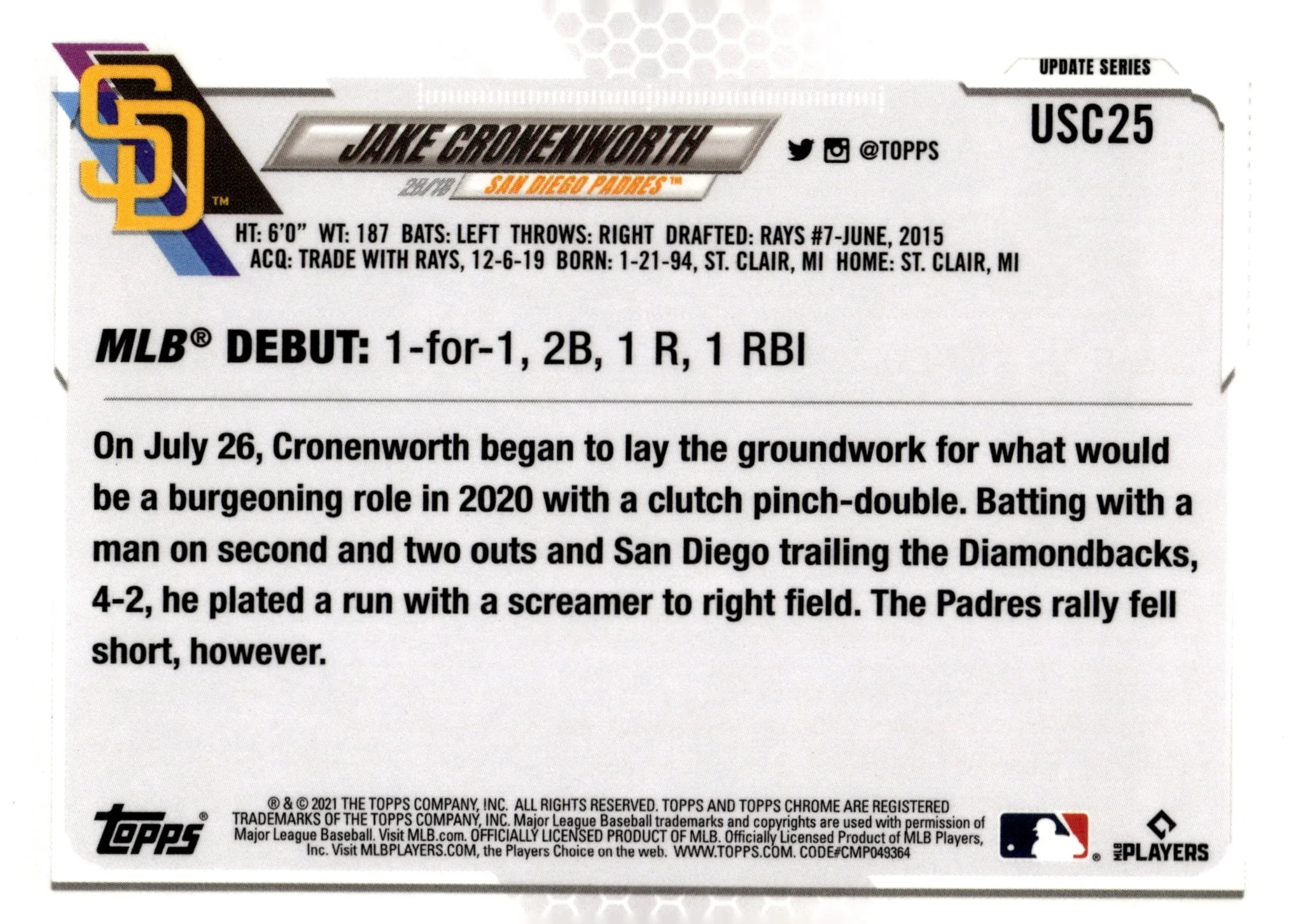Jake Cronenworth 2021 Topps Chrome Update Series Pink Wave Refractor RC #USC25