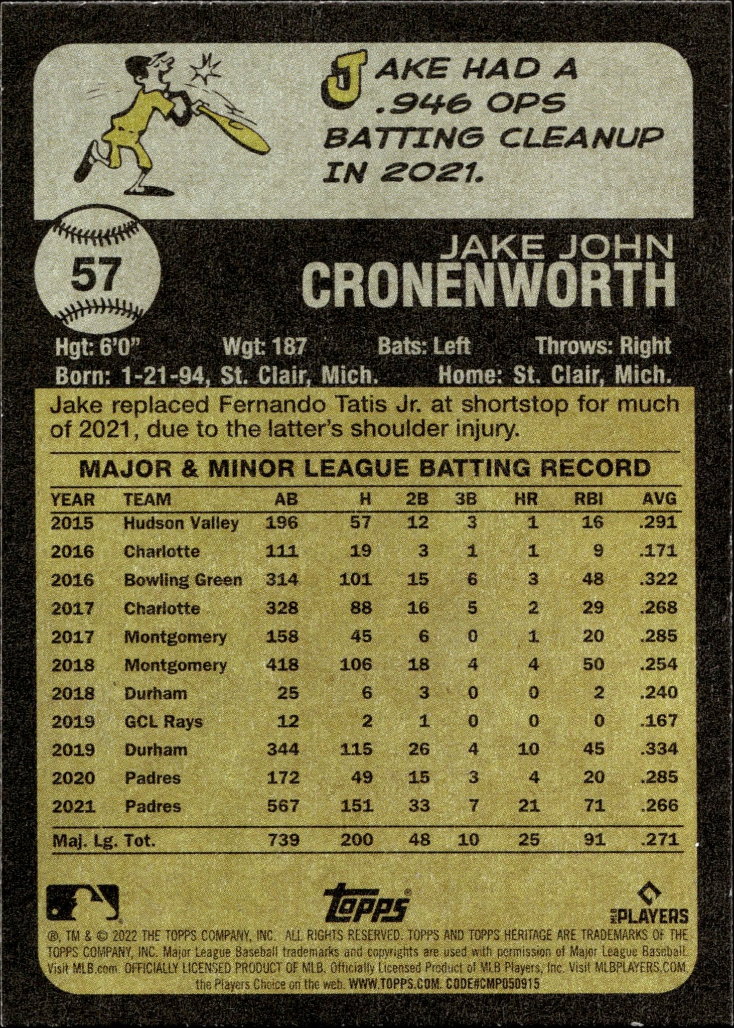 Jake Cronenworth 2022 Topps Heritage #57