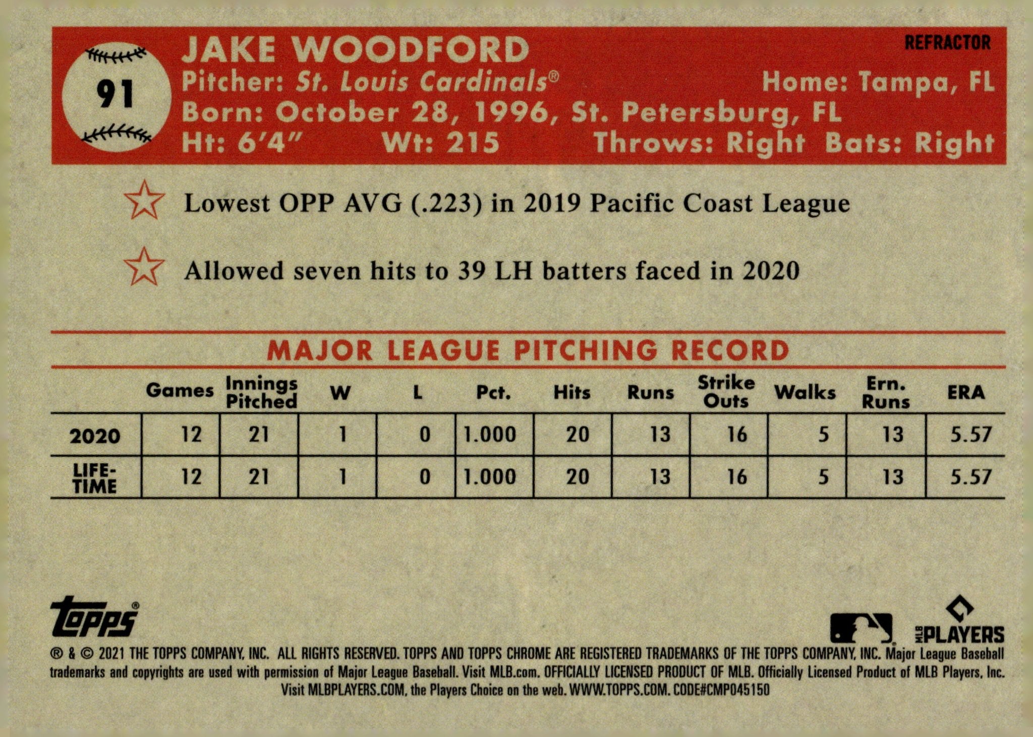 Jake Woodford 2021 Topps Chrome Platinum Refractor RC #91