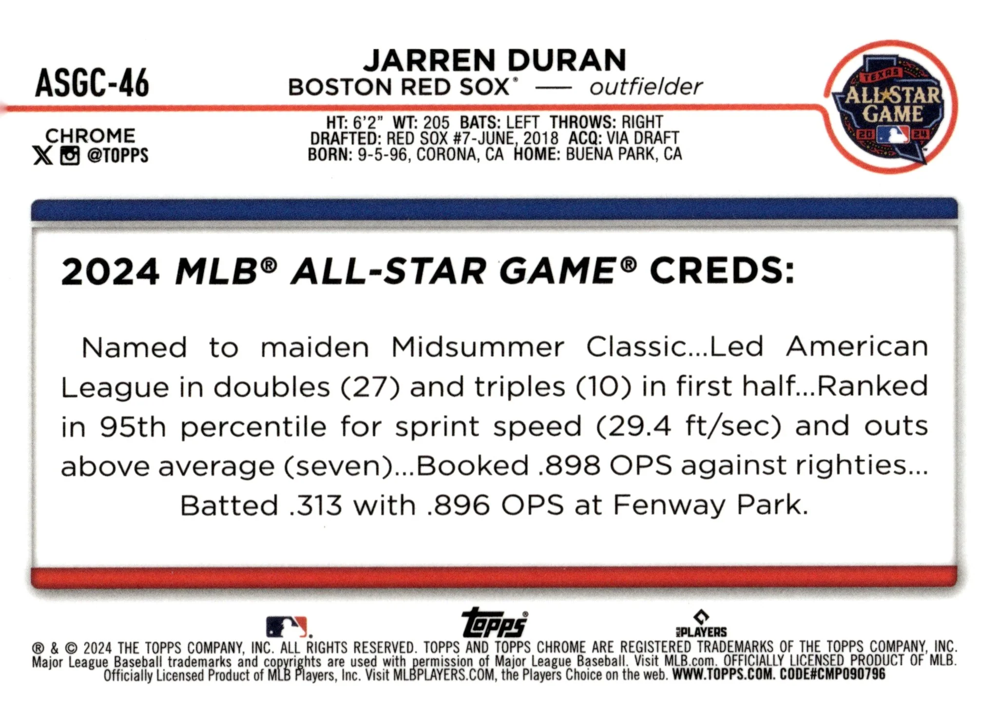 Jarren Duran 2024 Topps Chrome All Star Game Refractor #ASGC-46