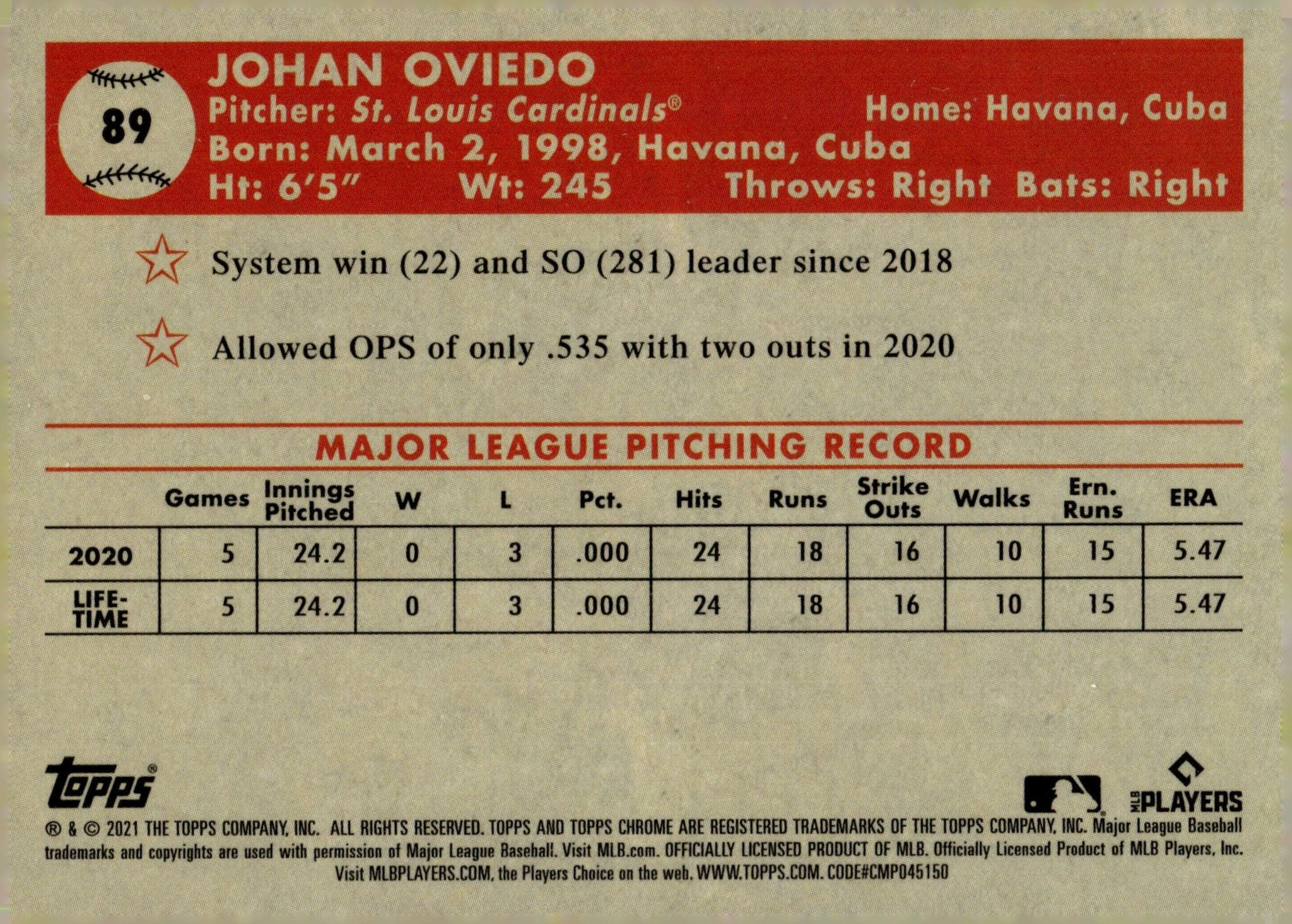 Johan Oviedo 2021 Topps Chrome Platinum RC #89