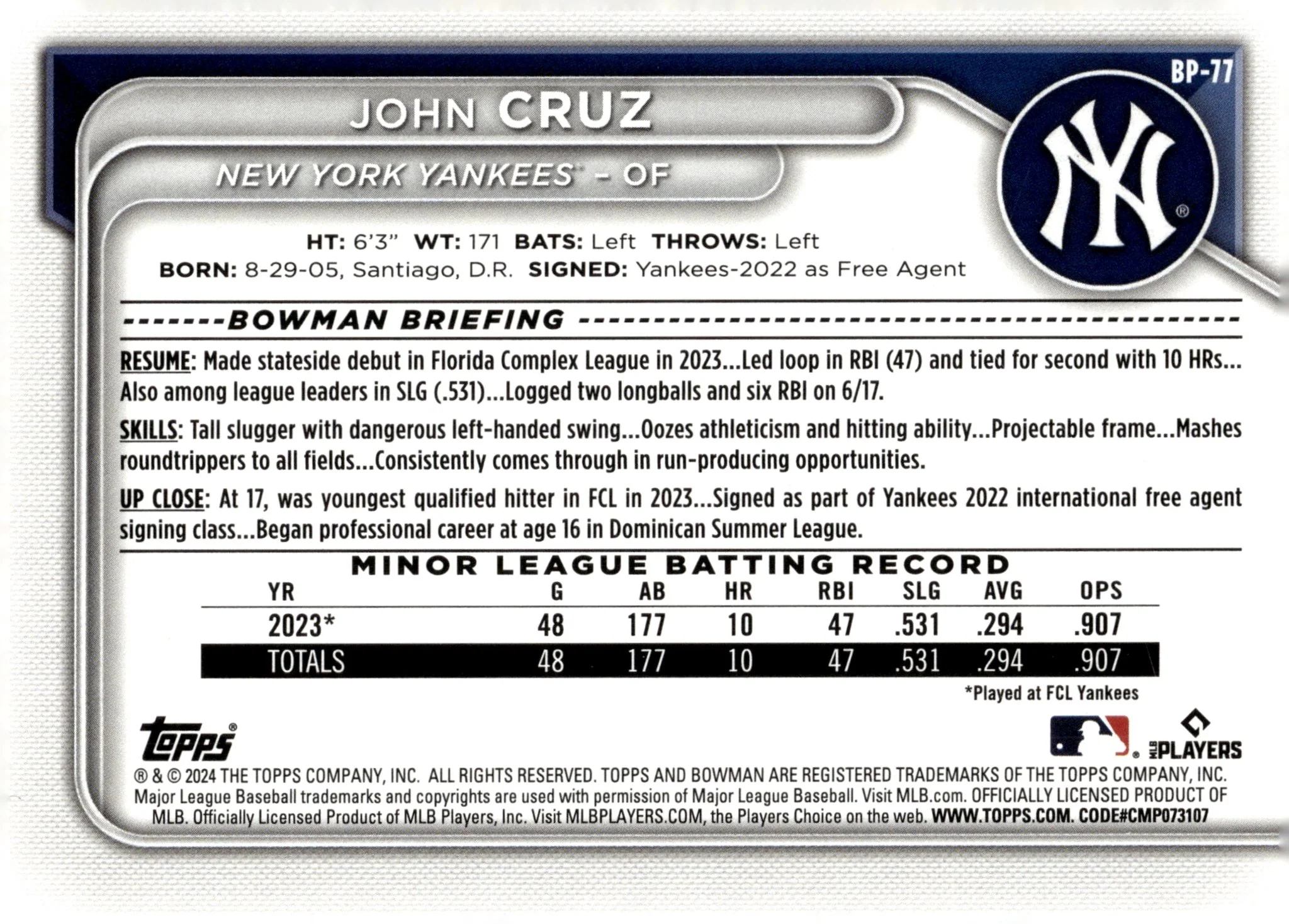 John Cruz 2024 Bowman Blue Pattern 125/125 #BP-77
