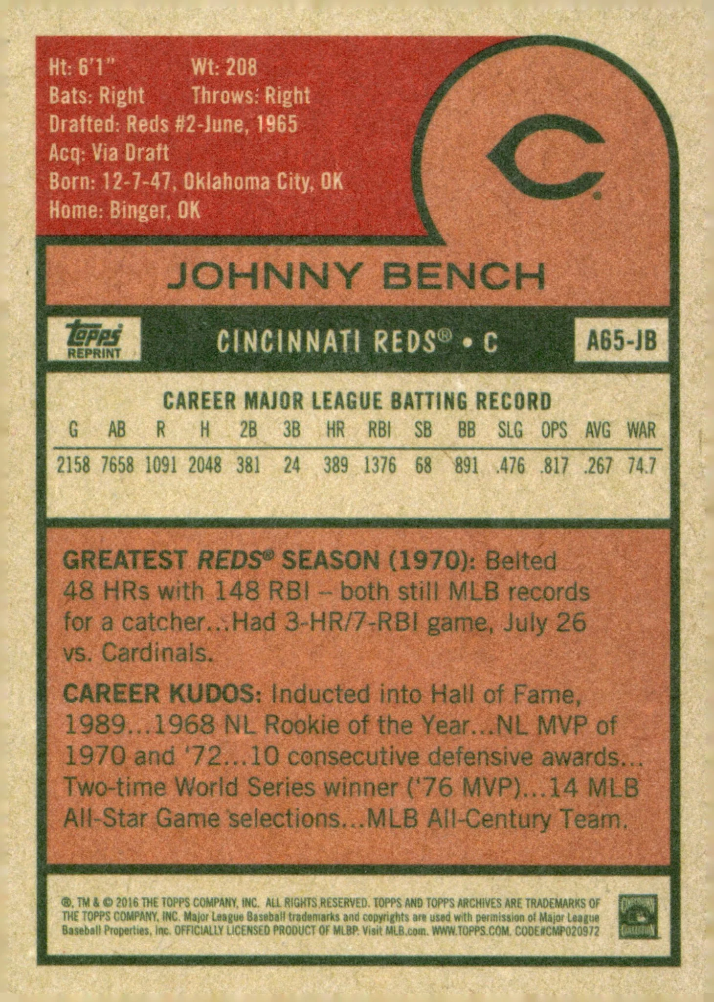 1639-johnny-bench-2016-topps-archives-reprint-a65-jb-1-2.webp Johnny Bench 2016 Topps Archives Reprint #A65-JB #1