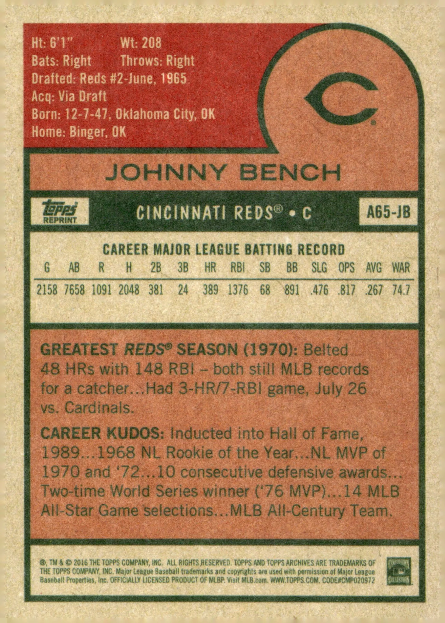 Johnny Bench 2016 Topps Archives Reprint #A65-JB #2