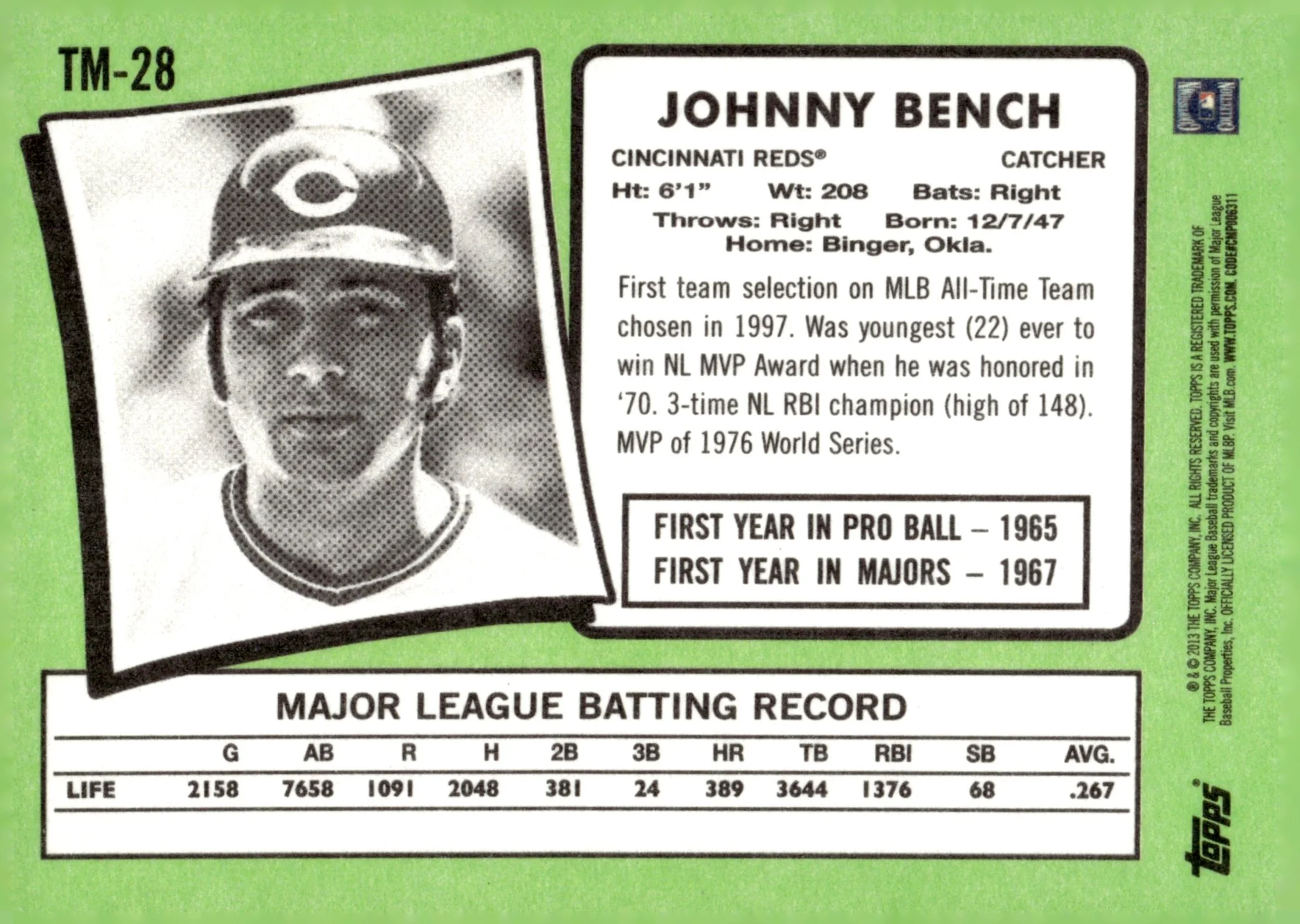Johnny Bench 2013 Topps Update Series Mini Reprint #TM-28