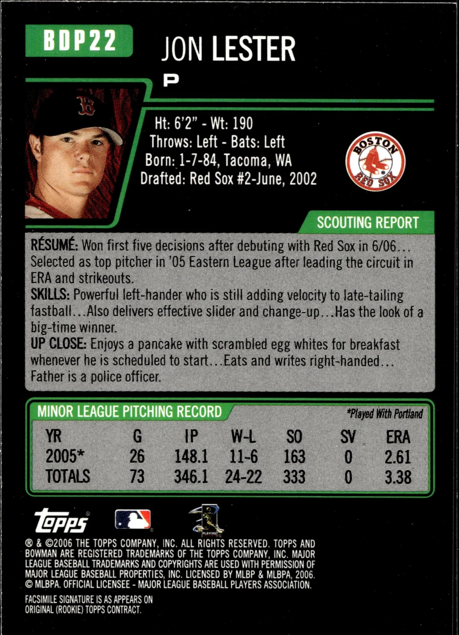 Jon Lester 2006 Bowman RC #BDP22 #4