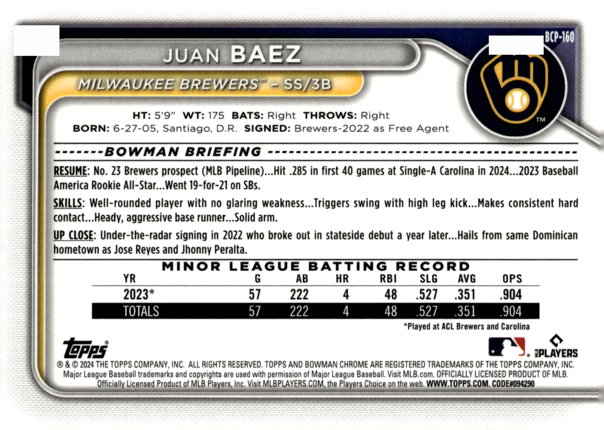 Juan Baez 2024 Bowman Chrome Mojo Refractor #BCP-160