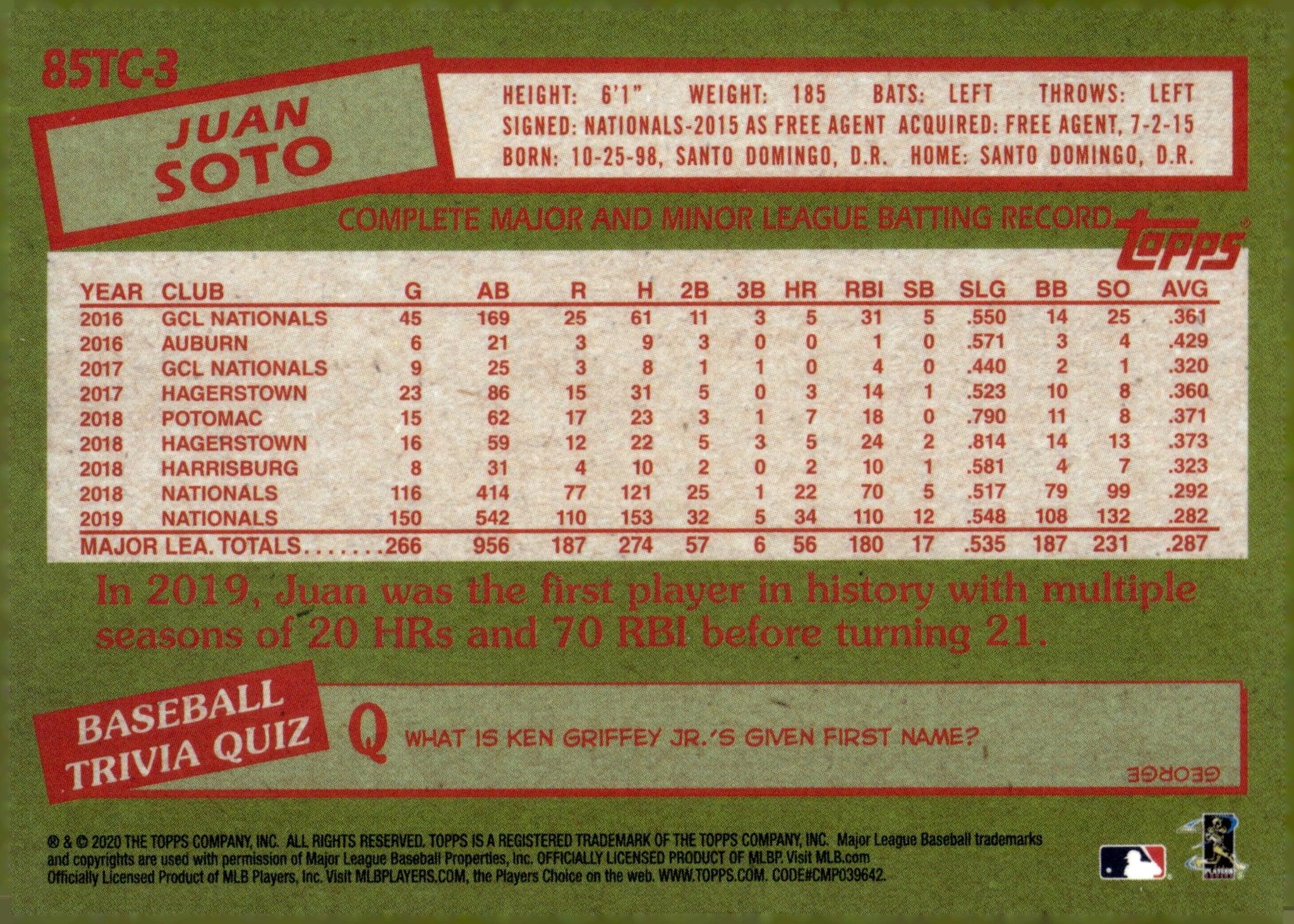 Juan Soto 2020 Topps 35th Anniversary Refractor #85TC-3