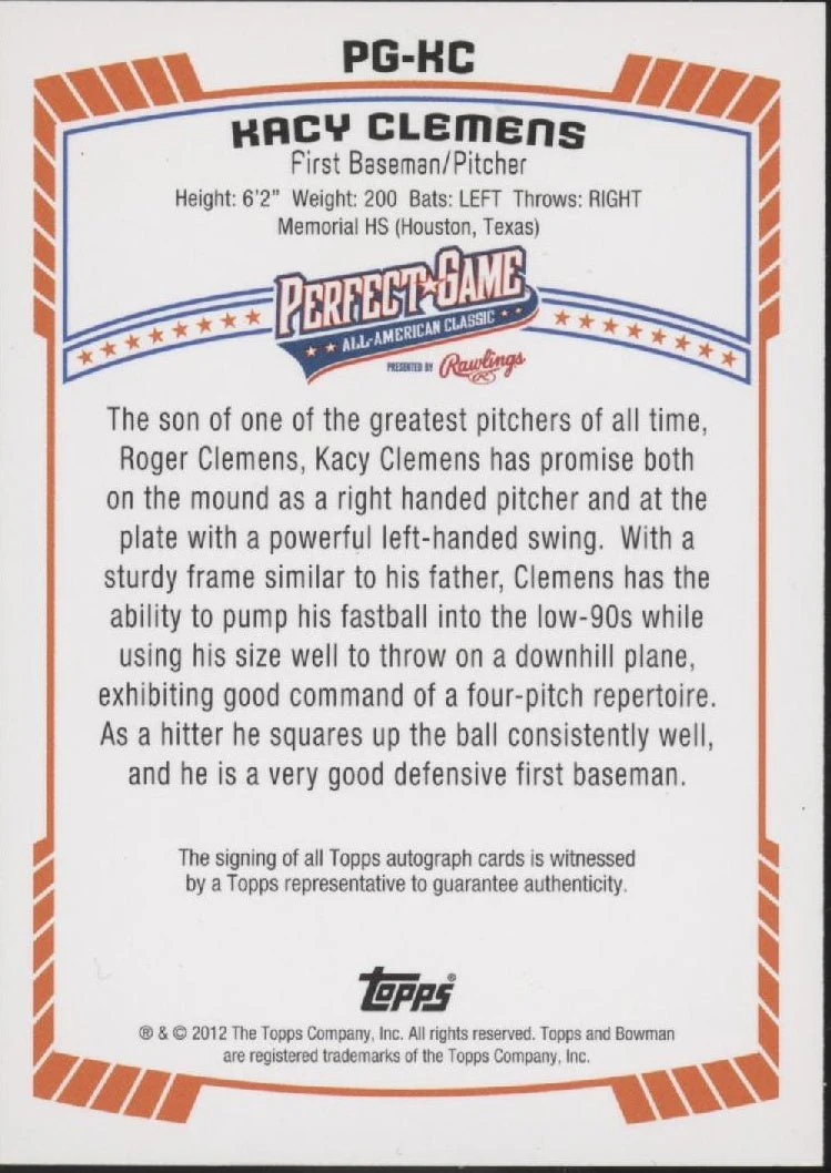 Kacy Clemens 2012 Bowman Perfect Game All American Classic Auto #PG-KC