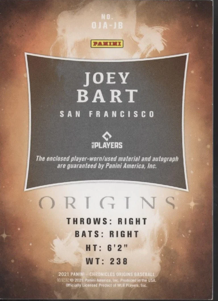 1695-joey-bart-2021-panini-chronicles-origins-swatch-rc-auto-11-25-oja-jb-2.webp Joey Bart 2021 Panini Chronicles Origins Swatch RC Auto 11/25 #OJA-JB