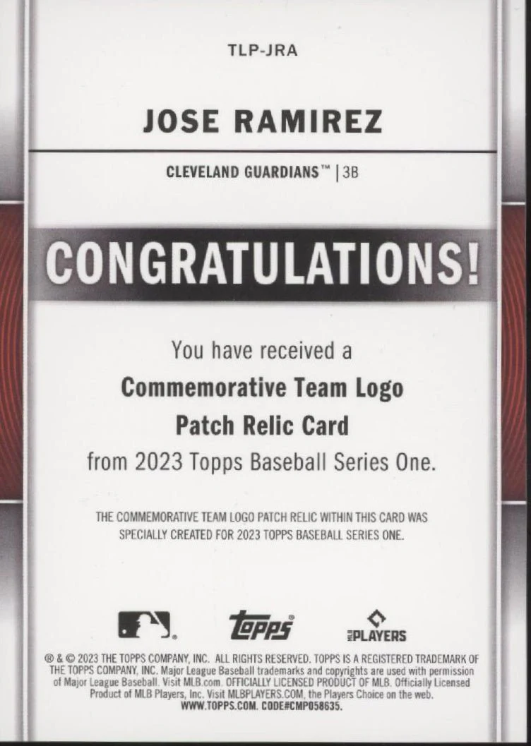 Jose Ramirez 2023 Topps Series 1 Commemorative Team Logo Patch #TLP-JRA