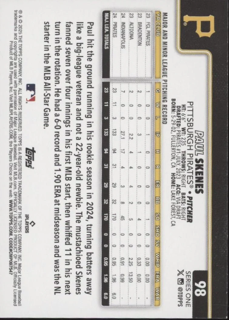 Paul Skenes 2025 Topps Series 1 #98