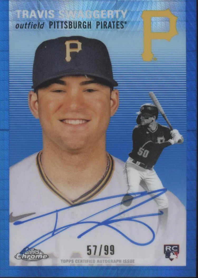 Travis Swaggerty 2023 Topps Chrome Platinum Blue Hyper Refractor RC Auto 57/99