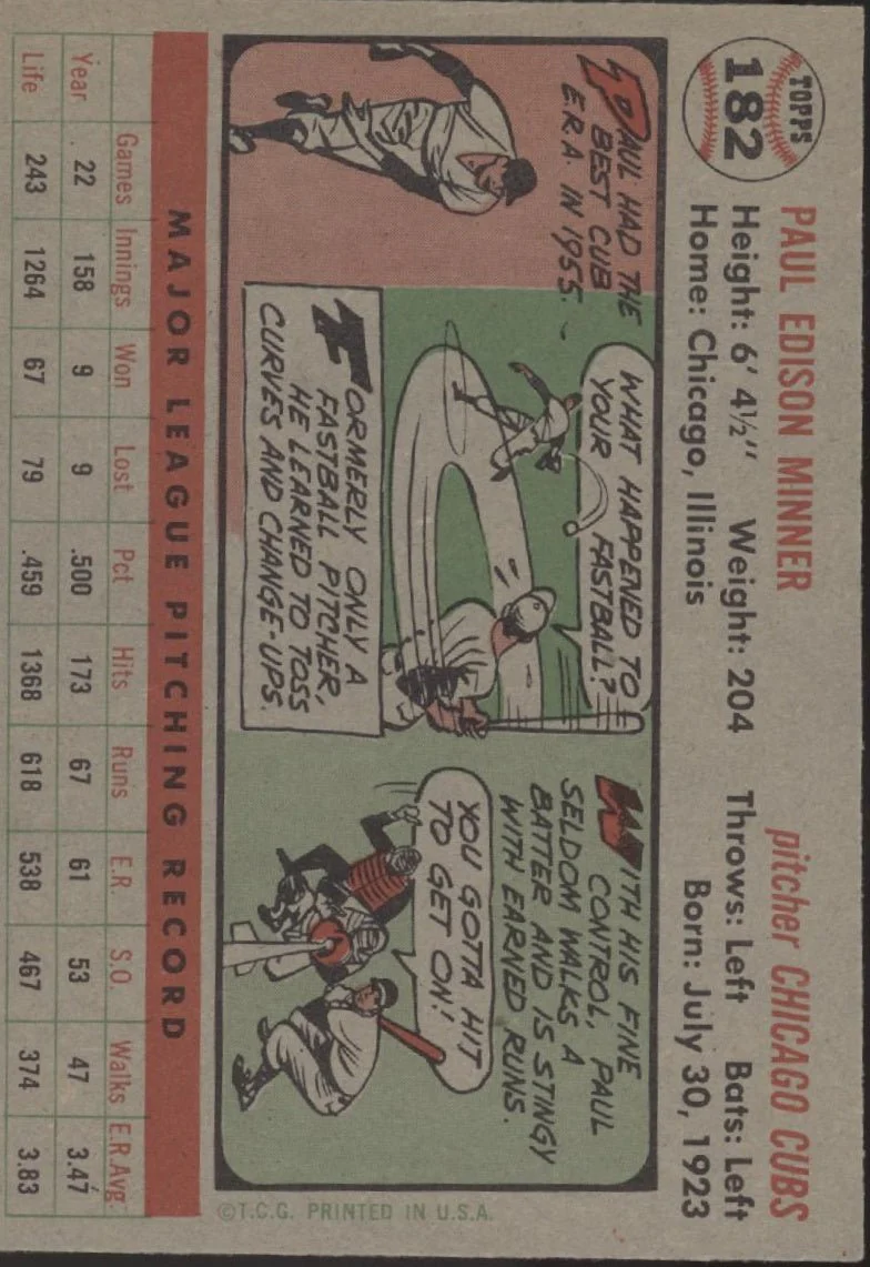 Paul Minner 1956 Topps #182 Chicago Cubs EX #2