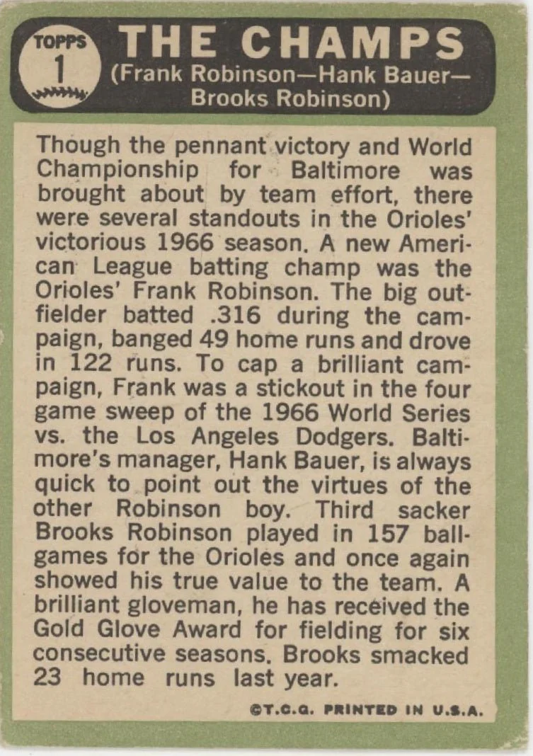 1741-the-the-champs-1967-topps-frank-robinson-hank-bauer-brooks-robinson-1-gd-1-2.webp The The Champs 1967 Topps Frank Robinson / Hank Bauer / Brooks Robinson #1 GD #1