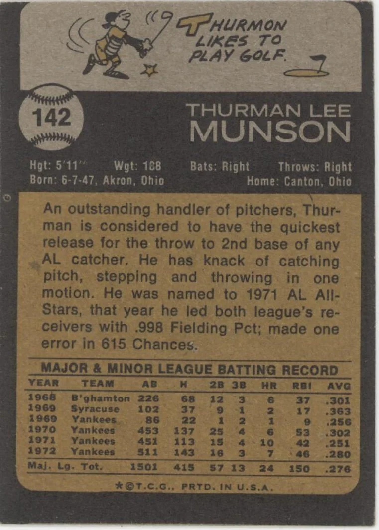Thurman Munson 1973 Topps #142 New York Yankees VG #2