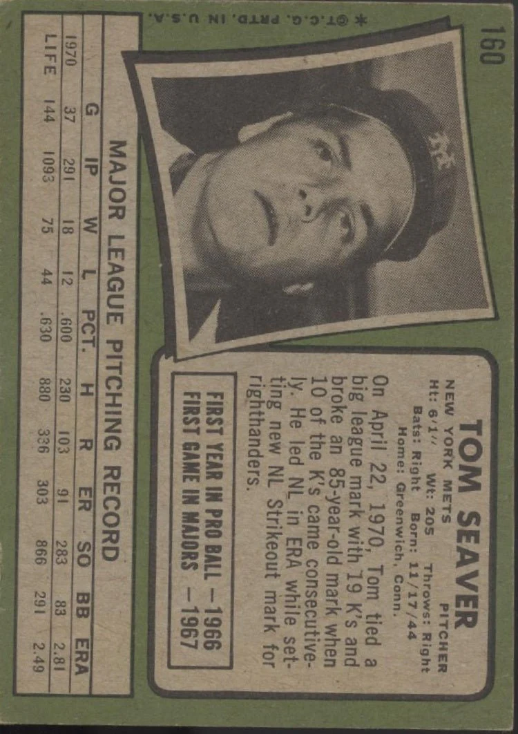 Tom Seaver 1971 Topps #160 New York Mets VG