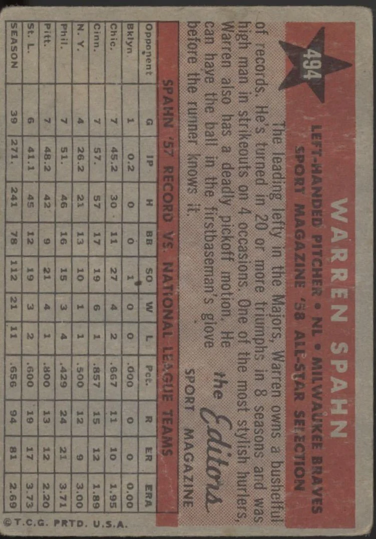 Warren Spahn 1958 Topps #494 Milwaukee Braves PR