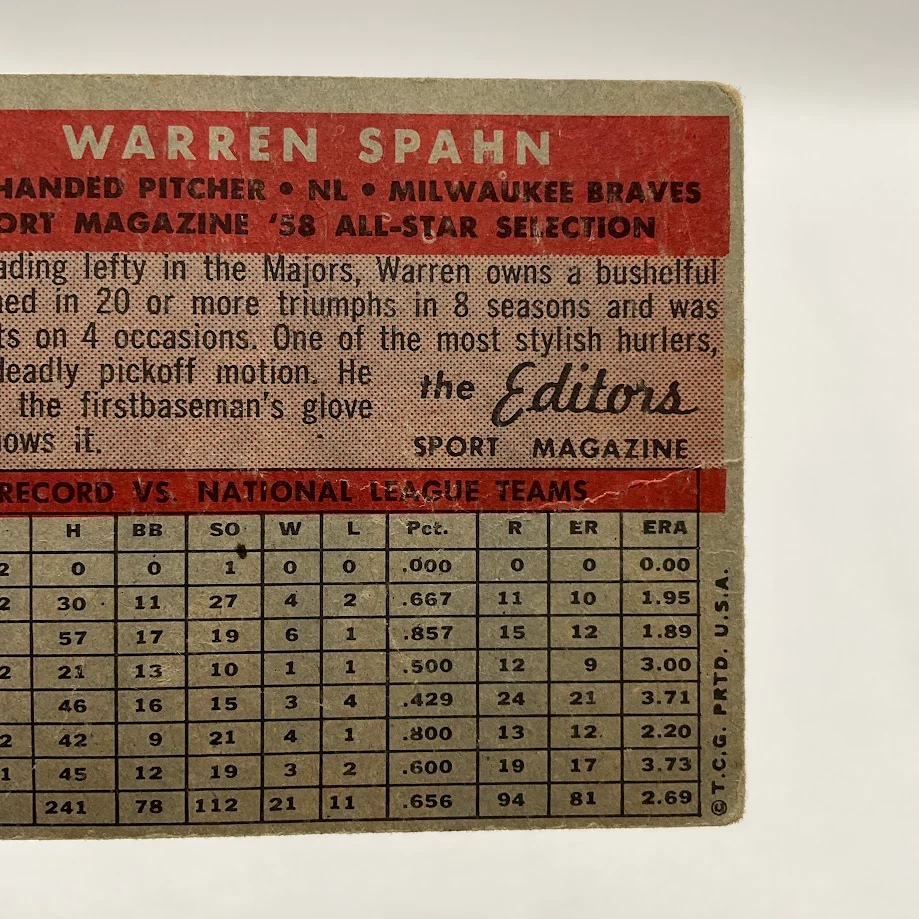 Warren Spahn 1958 Topps #494 Milwaukee Braves PR