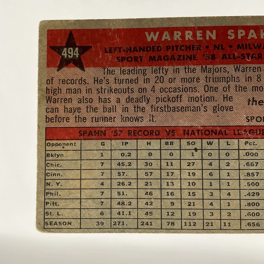 Warren Spahn 1958 Topps #494 Milwaukee Braves PR