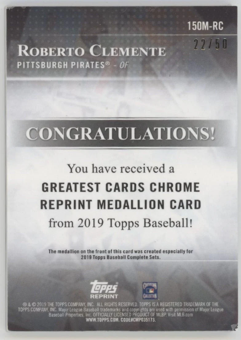 1759-roberto-clemente-2019-topps-chrome-greatest-cards-reprint-medallion-card-22-50-2.webp Roberto Clemente 2019 Topps Chrome Greatest Cards Reprint Medallion Card 22/50