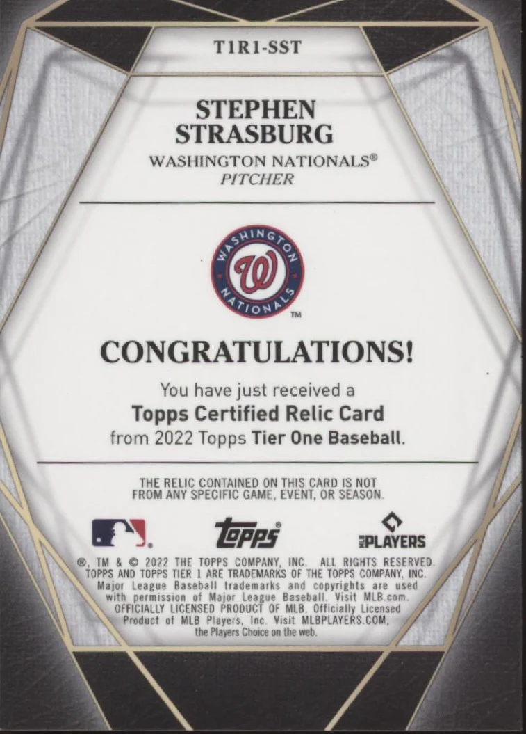 Stephen Strasburg 2022 Topps Tier One Swatch 069/149 #T1R1-SST