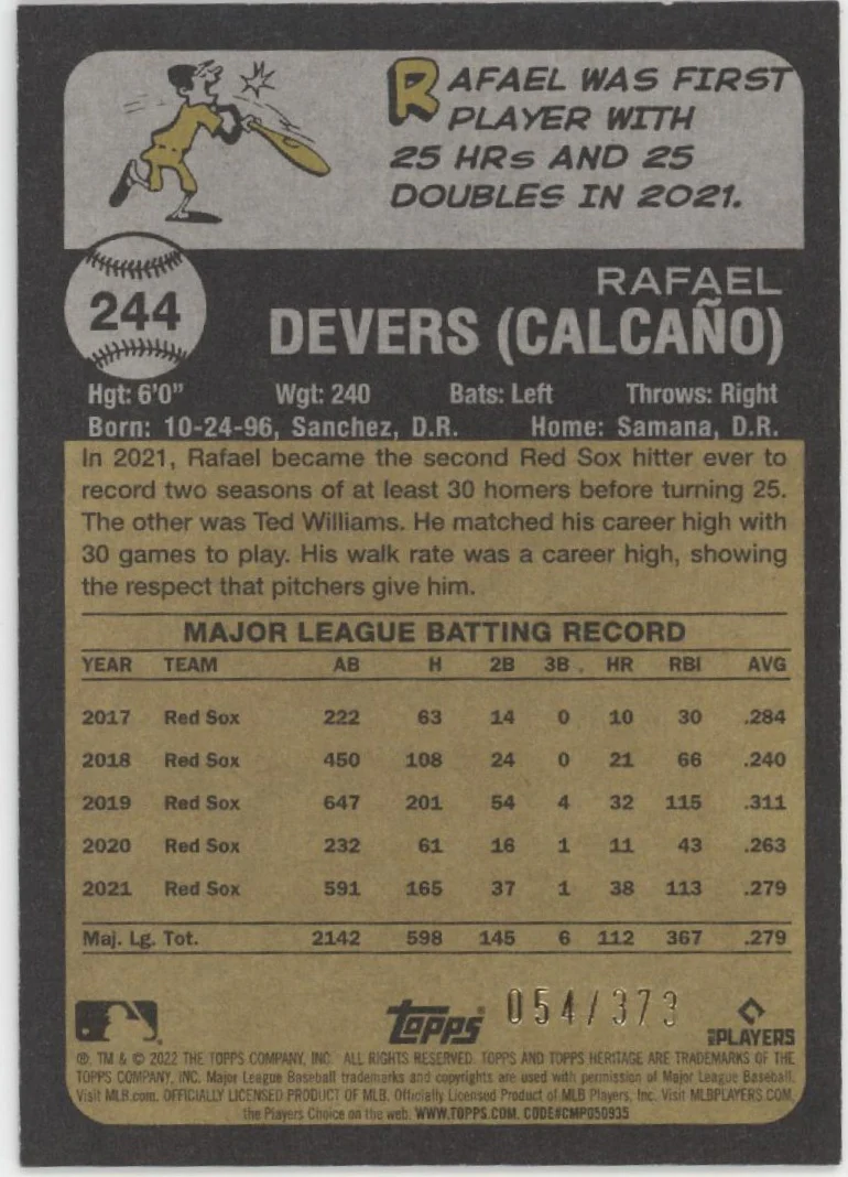 Rafael Devers 2022 Topps Heritage Refractor 054/373 #244