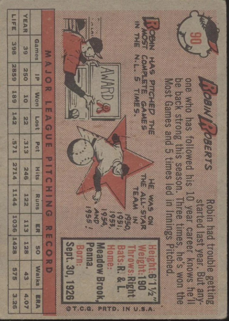 Robin Roberts 1958 Topps #90 Philadelphia Phillies GD