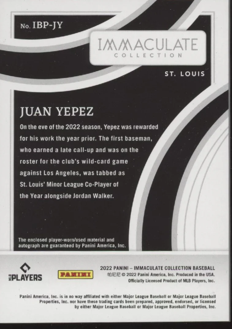 Juan Yepez 2022 Panini Immaculate Collection Swatch RC Auto 02/26 #IBP-JY