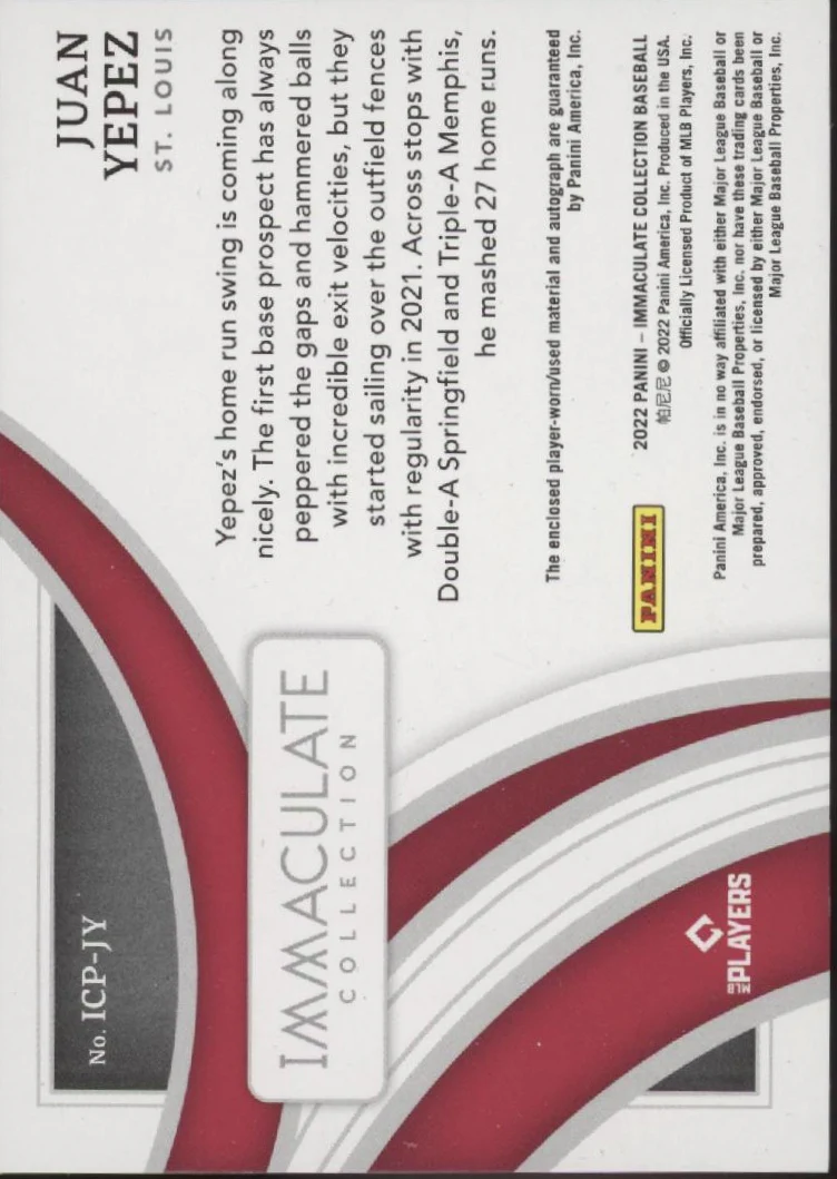 Juan Yepez 2022 Panini Immaculate Collection Swatch RC Auto 21/26 #ICP-JY