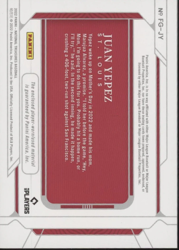 Juan Yepez 2022 Panini National Treasures Field Gear Swatch RC 10/10 #JY