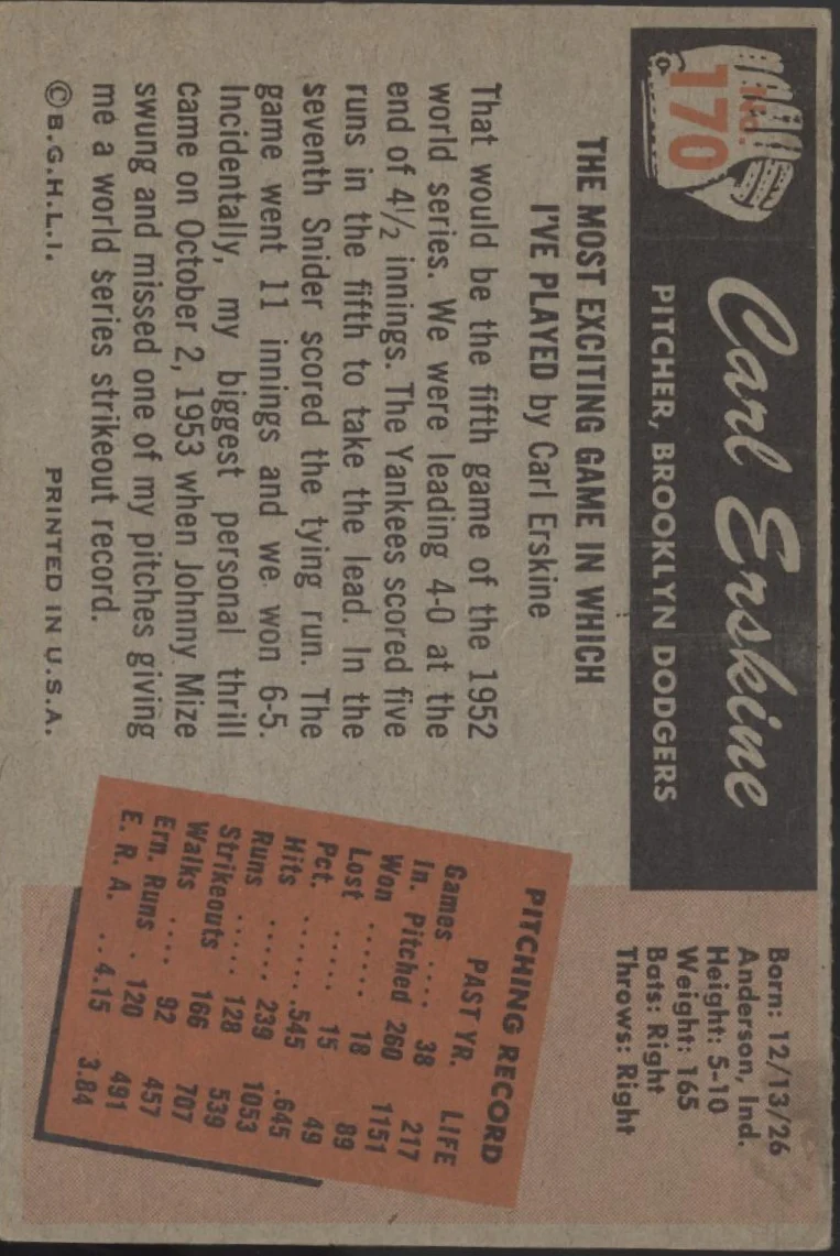 Carl Erskine 1955 Bowman #170 Brooklyn Dodgers VG #2