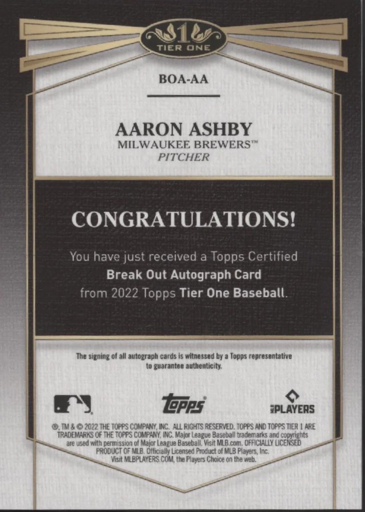 Aaron Ashby 2022 Topps Tier One Break Out RC Auto 096/299 #BOA-AA