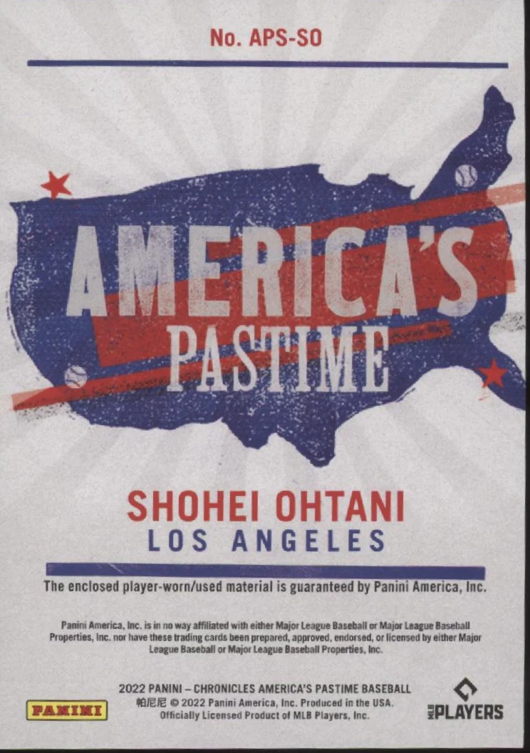 1791-shohei-ohtani-2022-panini-chronicles-america-s-pastime-swatch-aps-so-2.webp Shohei Ohtani 2022 Panini Chronicles America's Pastime Swatch #APS-SO