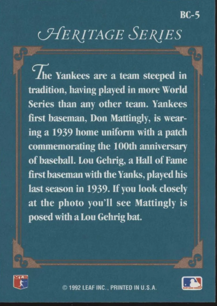 Don Mattingly 1992 Leaf Heritage Series #BC-5